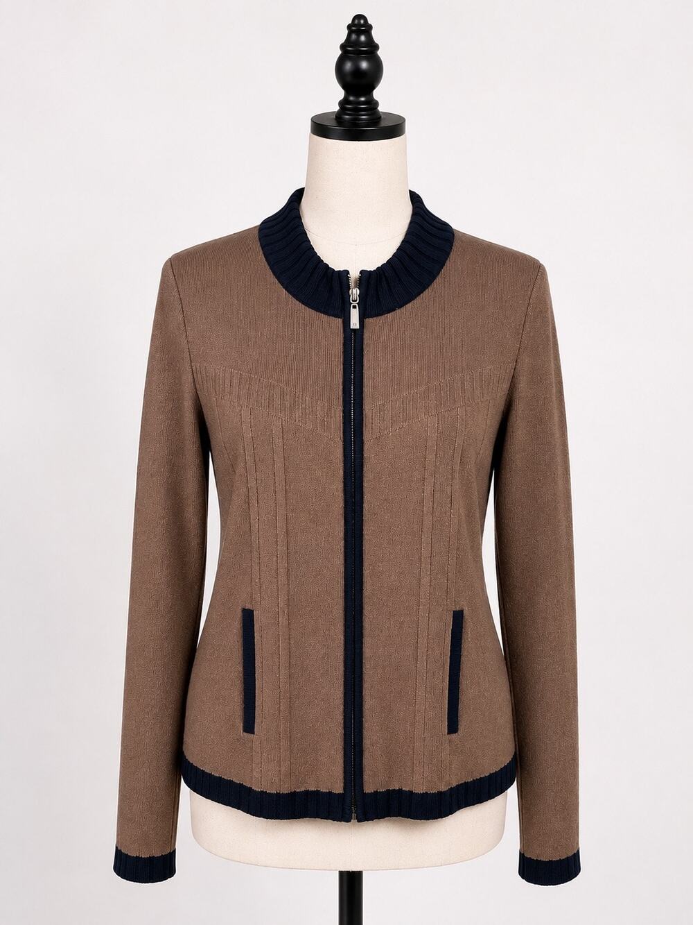 Misook Brown Zip Front Knit Jacket Size Large Shoulder Pads Career Sweater USA